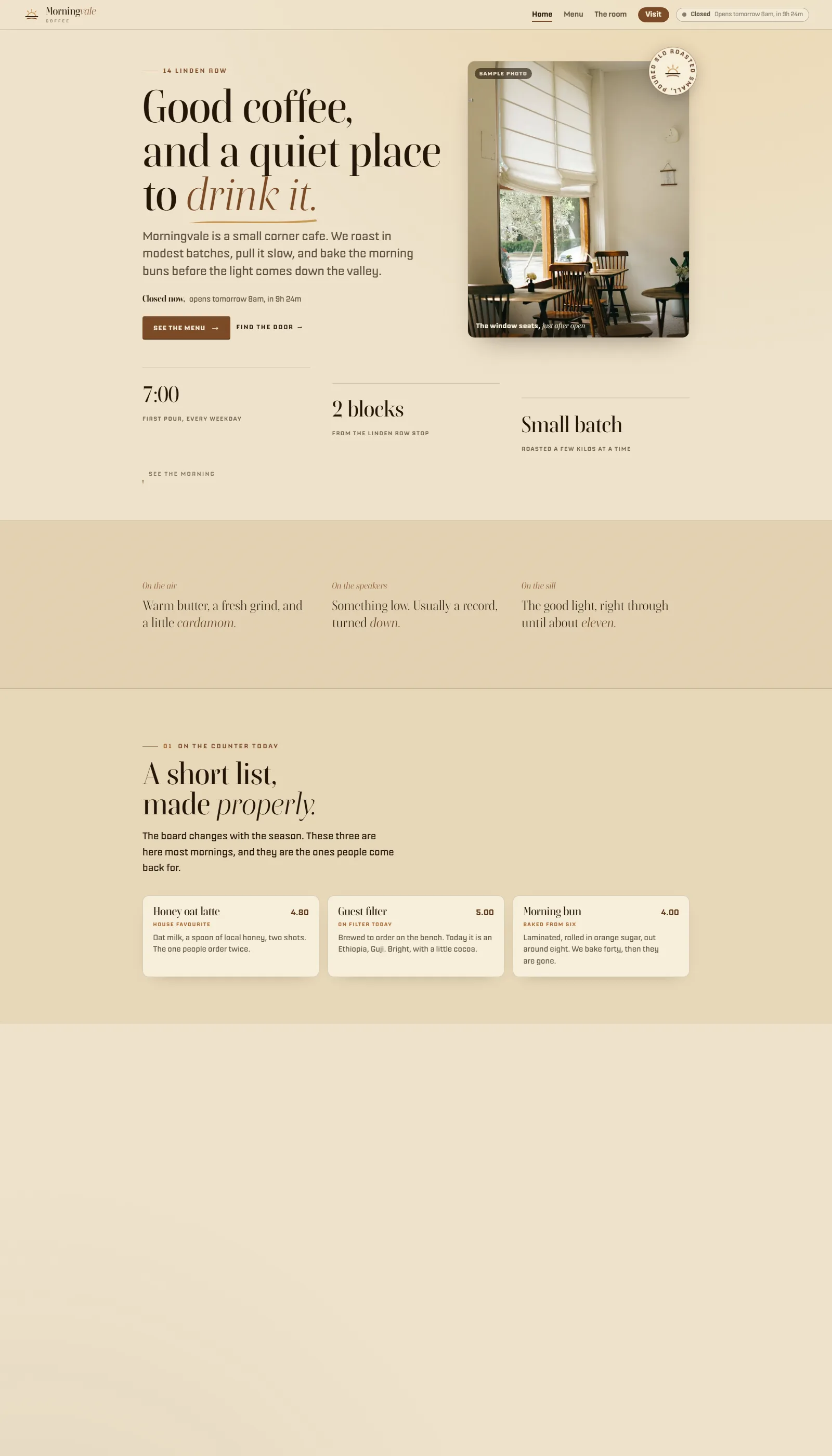 The Morningvale demo website home page, a coffee shop concept